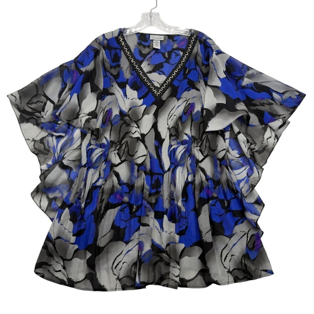 Catherines Flutter Sleeve Tunic Top Bold Floral Beaded Neck Flowy Size 1X 18-20W